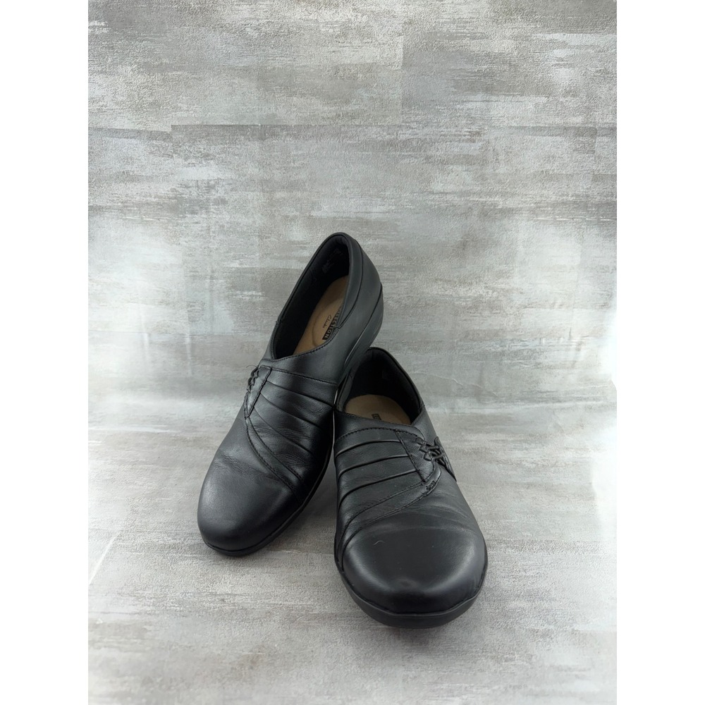 Clarks Collection Black Leather Pleated Slip On Loafers Cushion Women Sz 8.5M